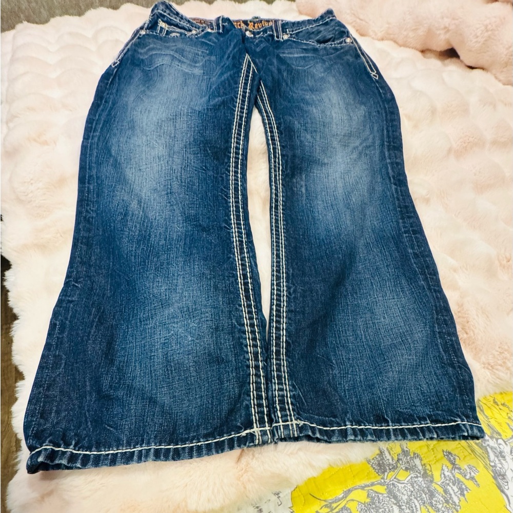 Rock Revival Men's Bootcut Jeans - Dark Blue Denim with Orange Logo - Picture 7 of 8
